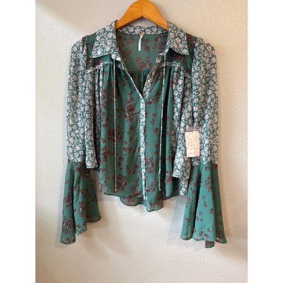 Free People NWT XS Floral Sheer Green Boho Blouse Emerald Combo - Picture 2 of 8